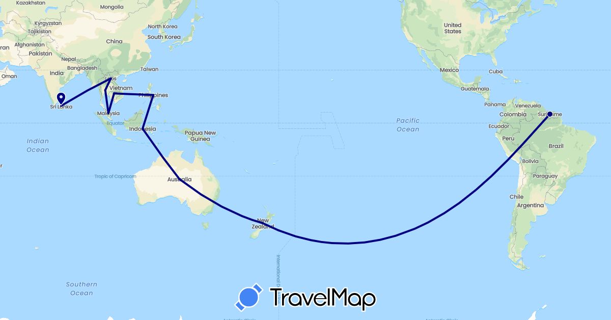 TravelMap itinerary: driving in Australia, Indonesia, Cambodia, Laos, Sri Lanka, Malaysia, New Zealand, Philippines, Suriname, Thailand, Vietnam (Asia, Oceania, South America)
